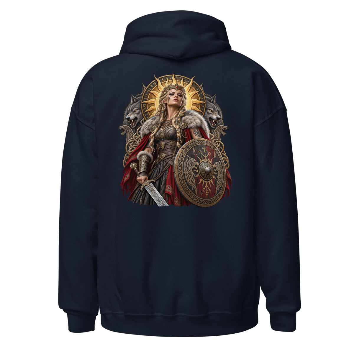 Unisex Hoodie in Navy, Rückenansicht mit großem Rückenprint: Wikinger-Kriegerkönigin mit Schild und Schwert.