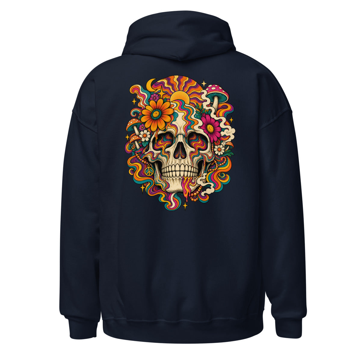 Unisex Hoodie in Navy, Rückenansicht mit großem Rückenprint: Psychedelischer Totenkopf mit Blumen und Pilzen.