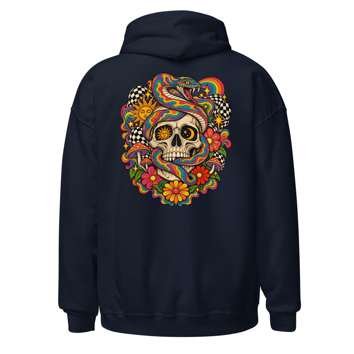 Unisex Hoodie in Navy, Rückenansicht mit großem Rückenprint: Schädel mit bunter Schlange und Pilzen.