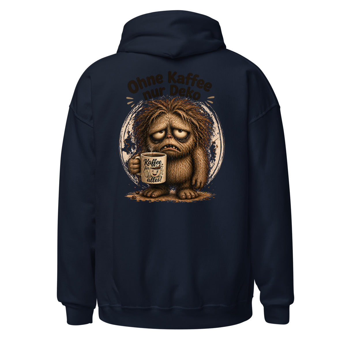 Unisex Hoodie in Navy, Rückenansicht mit großem Rückenprint: Kaffee-Muffel Monster mit Tasse.