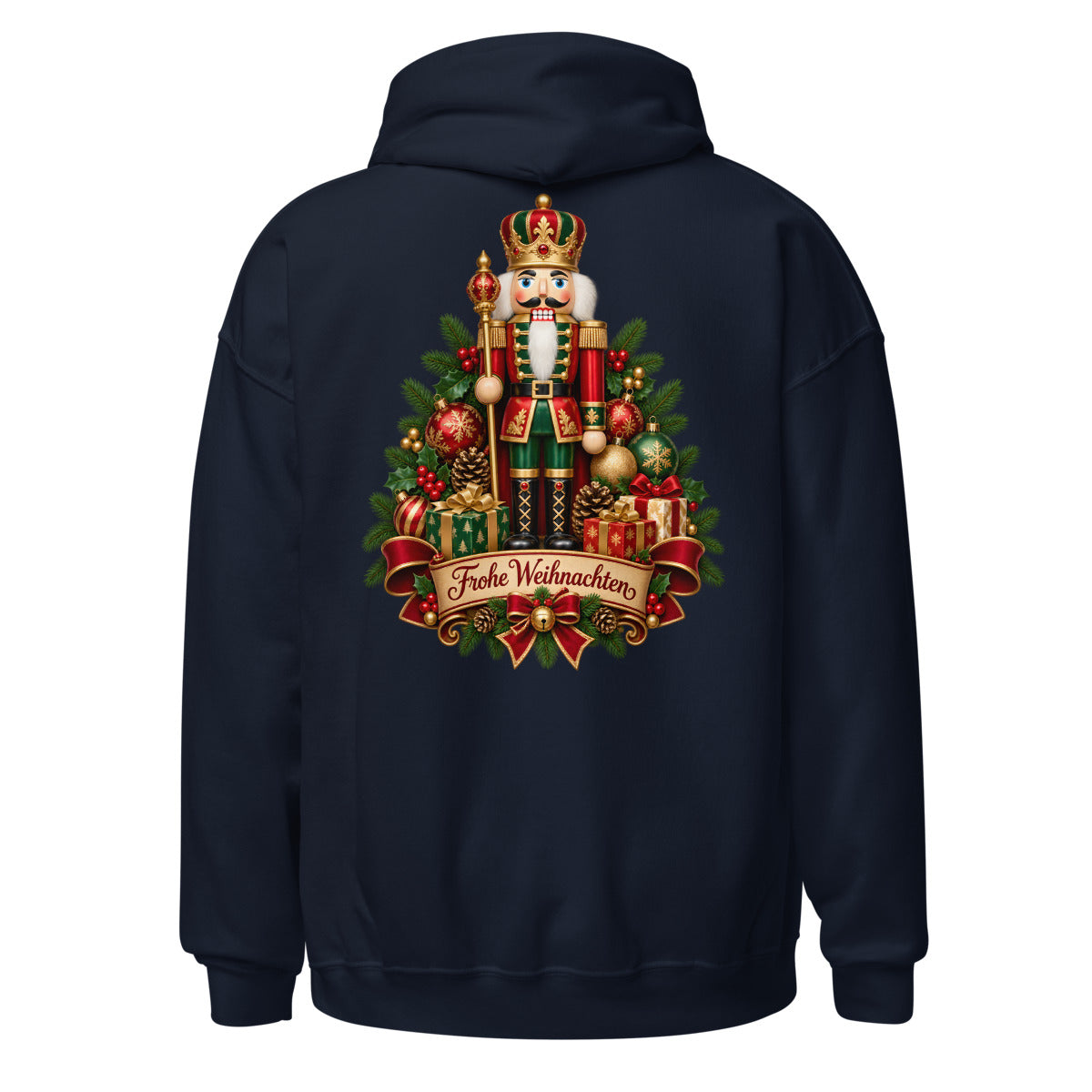 Traditioneller Nussknacker in Rot und Grün mit goldenen Verzierungen, umgeben von Tannenzweigen, roten Weihnachtssternen, roten Beeren, goldenen Zapfen, roten und grünen Weihnachtskugeln sowie einem roten Band mit der Aufschrift "Frohe Weihnachten". – Unisex Heavy Blend Hoodie | Gildan 18500