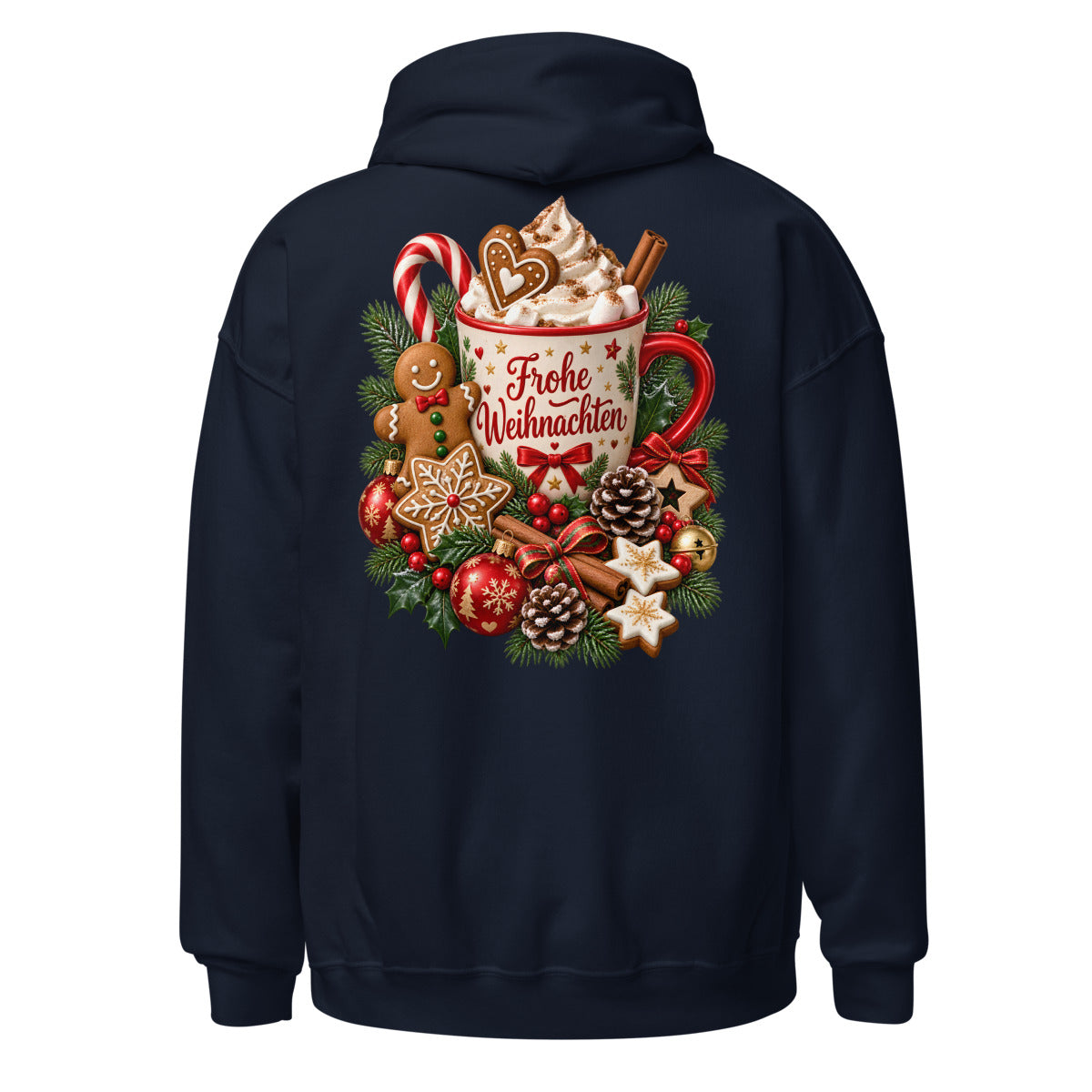 Weihnachtliche Tasse mit Kakao, Sahne, Marshmallows, Zimtstangen, Zuckerstange, Lebkuchenmännchen, Stern-Lebkuchen, Tannenzweigen, roten Beeren, Tannenzapfen, Weihnachtskugeln und Schriftzug Frohe Weihnachten auf einem Banner. – Unisex Heavy Blend Hoodie | Gildan 18500