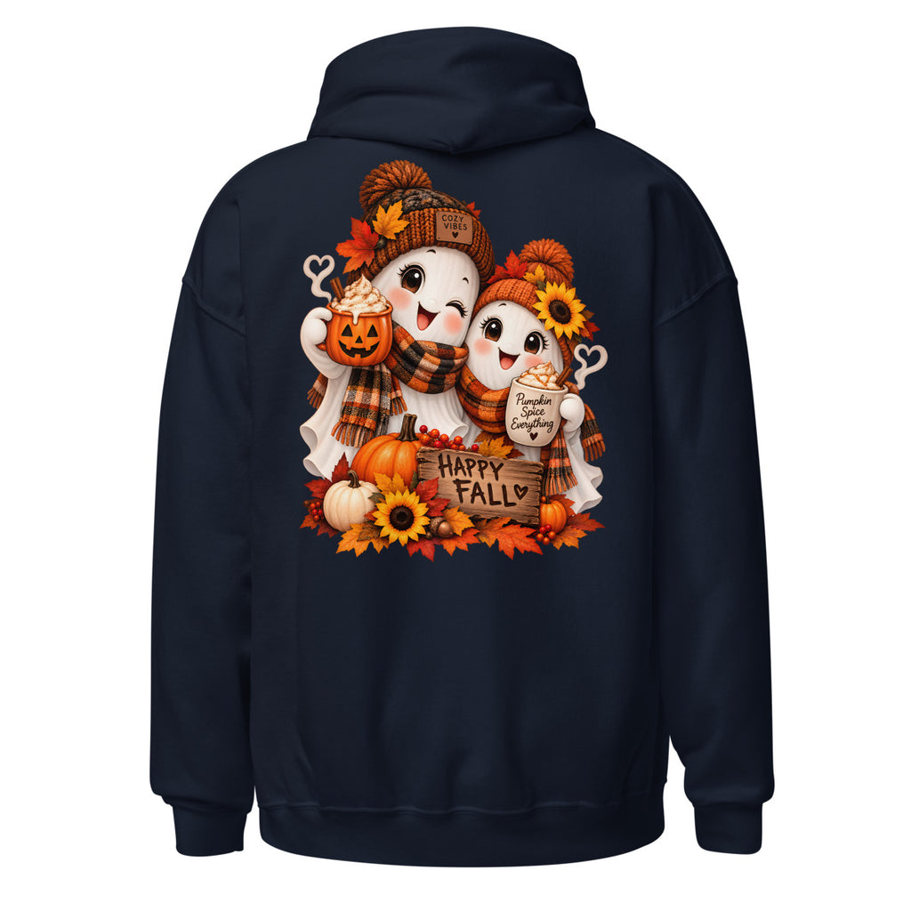 Zwei Geister mit Cozy-Vibes/Happy-Fall-Schrift. – Unisex Heavy Blend Hoodie | Gildan 18500