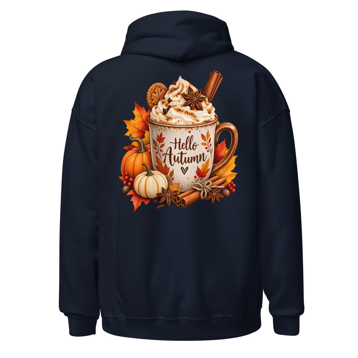 Tasse mit Sahne, Karamellsauce, Zimtstangen und Sternanis, umgeben von bunten Herbstblättern, Eicheln und roten Beeren. – Unisex Heavy Blend Hoodie | Gildan 18500