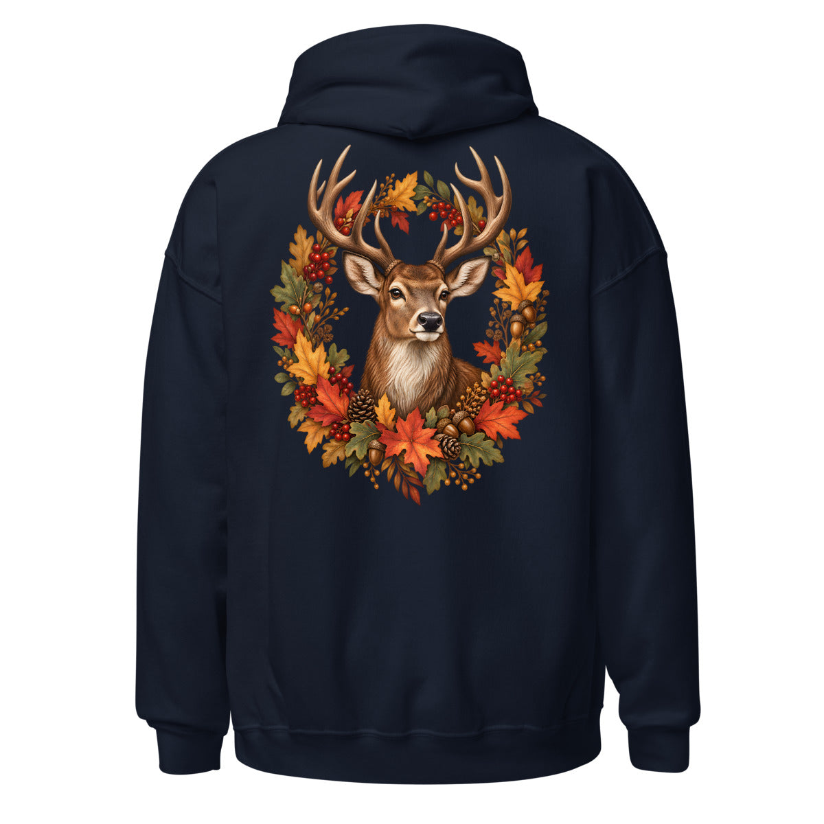 Realistisches Porträt eines Hirsches mit Geweih, geschmückt mit herbstlichen Blättern, roten Beeren, Eicheln und Blumen, vor hellem und dunklem Hintergrund. – Unisex Heavy Blend Hoodie | Gildan 18500