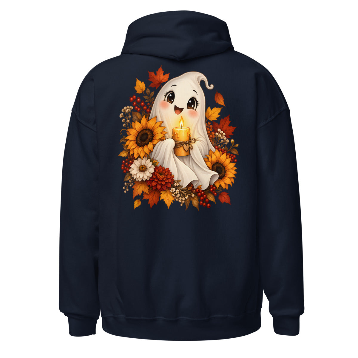 Niedlicher Geist mit herzförmigen Augen, der eine brennende Kerze hält, umgeben von herbstlichen Blumen, Blättern und Kürbissen. – Unisex Heavy Blend Hoodie | Gildan 18500