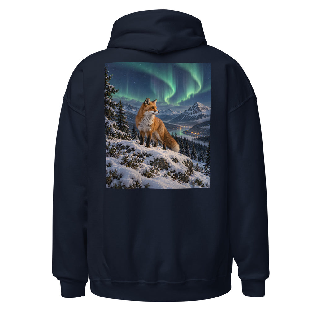 Winterfuchs unter Nordlichtern – Hoodie – großer Rückendruck