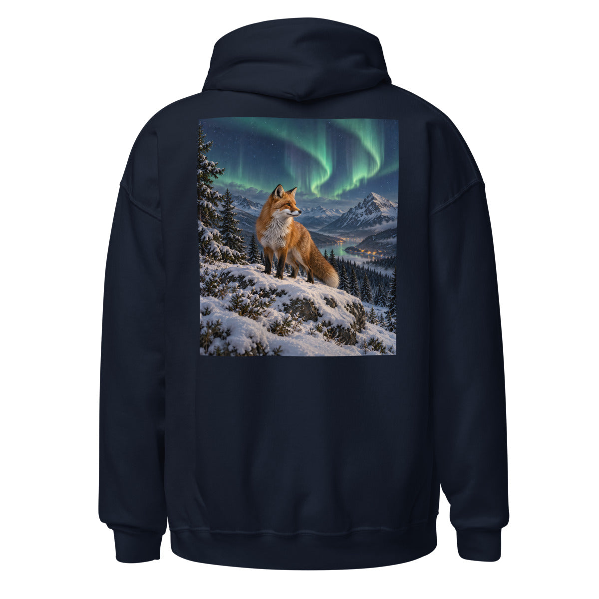Winterfuchs unter Nordlichtern – Hoodie – großer Rückendruck