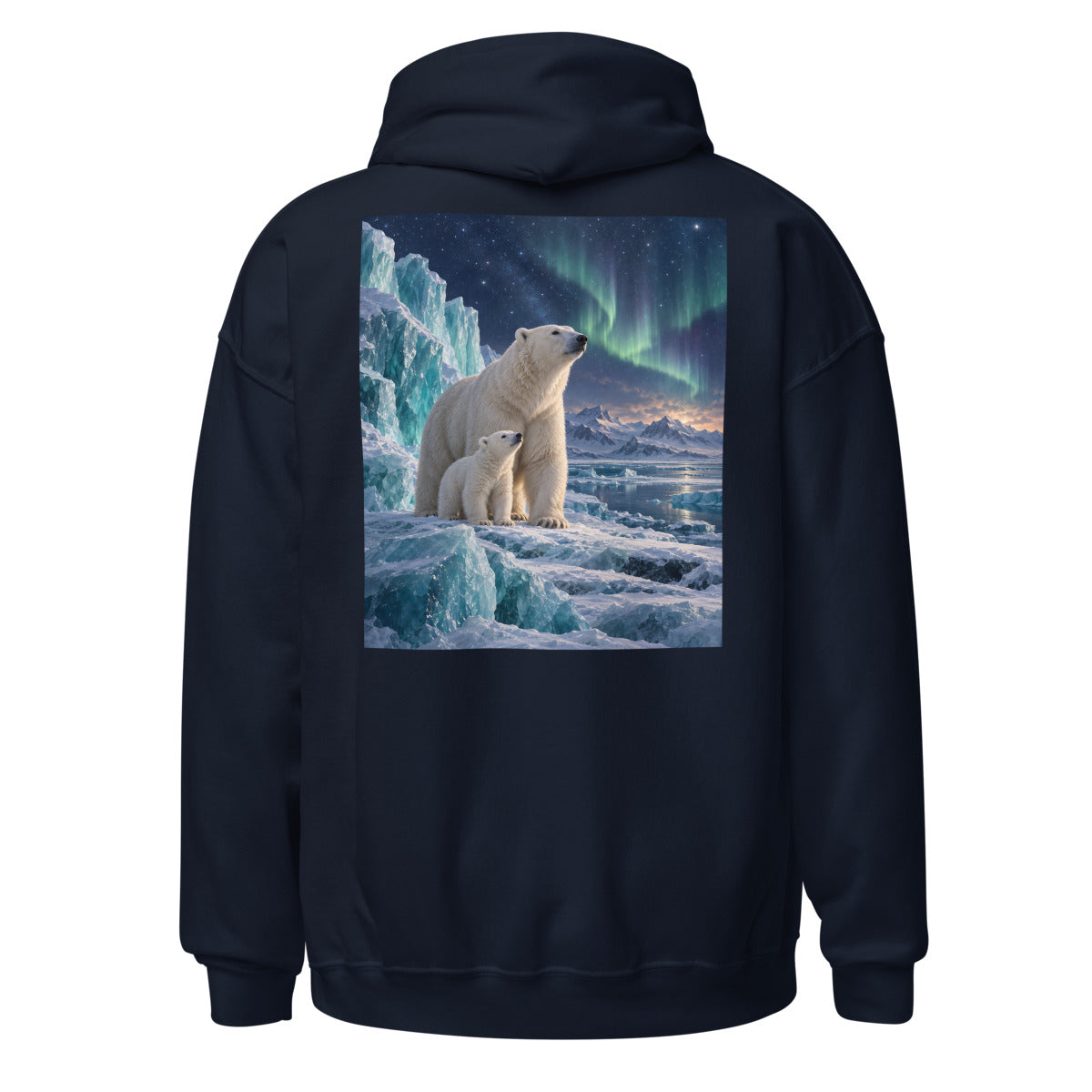 Eisbärfamilie unter Wintersternen – Hoodie – großer Rückendruck