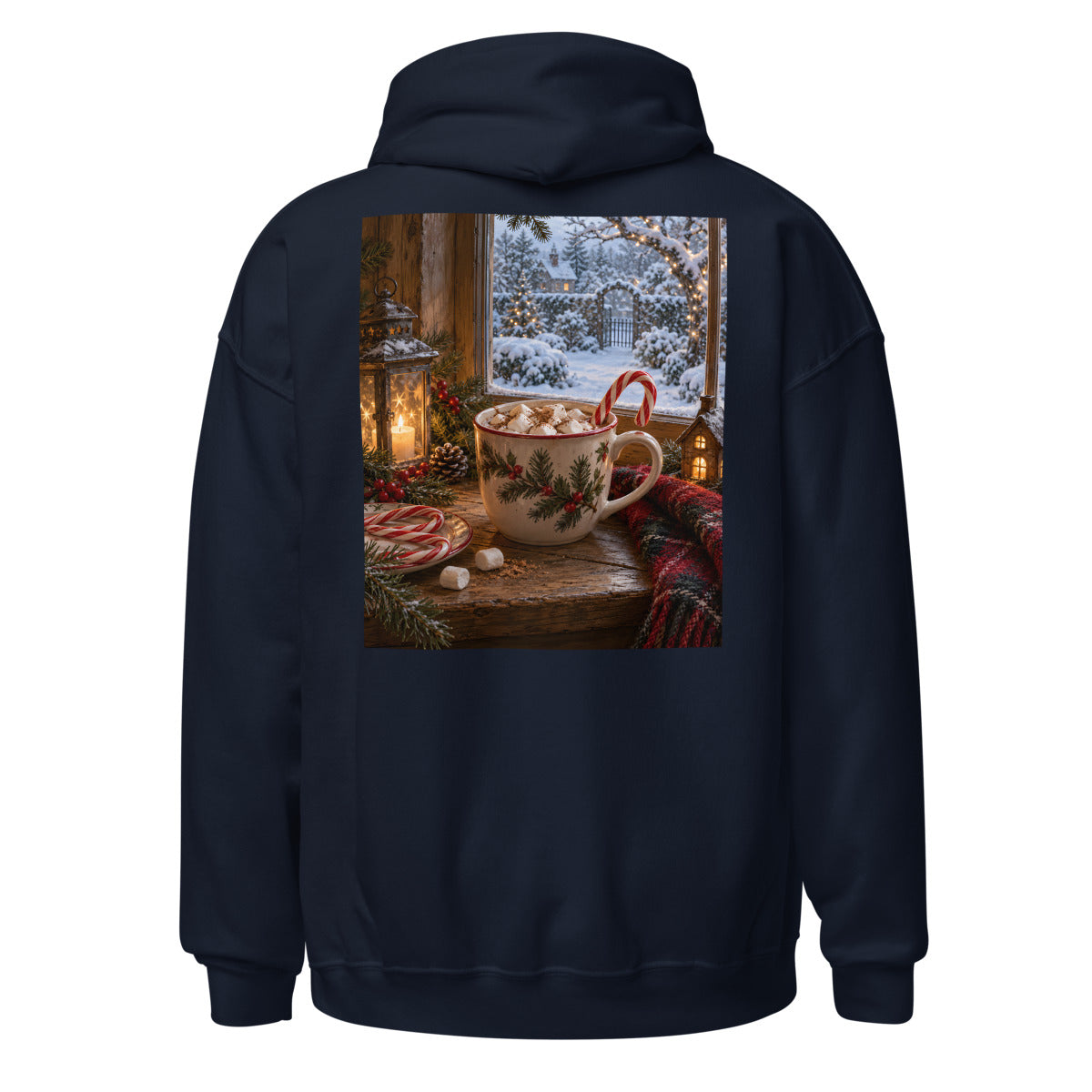 Weihnachtlicher Kakao am Fenster – Hoodie – großer Rückendruck