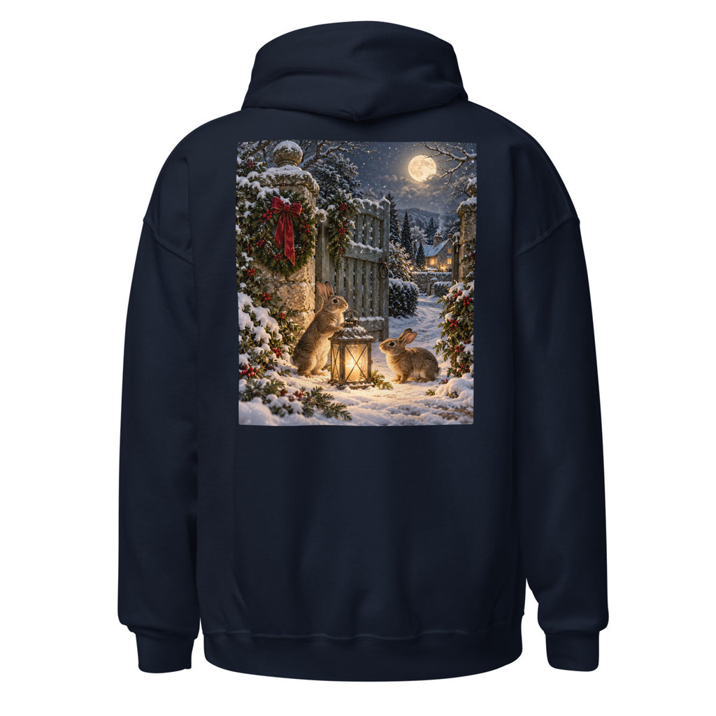 Winterhasen am Gartentor – Hoodie – großer Rückendruck