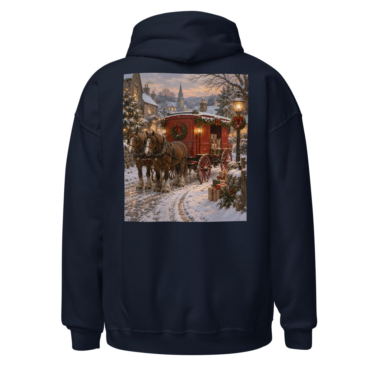 Rote Postkutsche im Schnee – Hoodie – großer Rückendruck