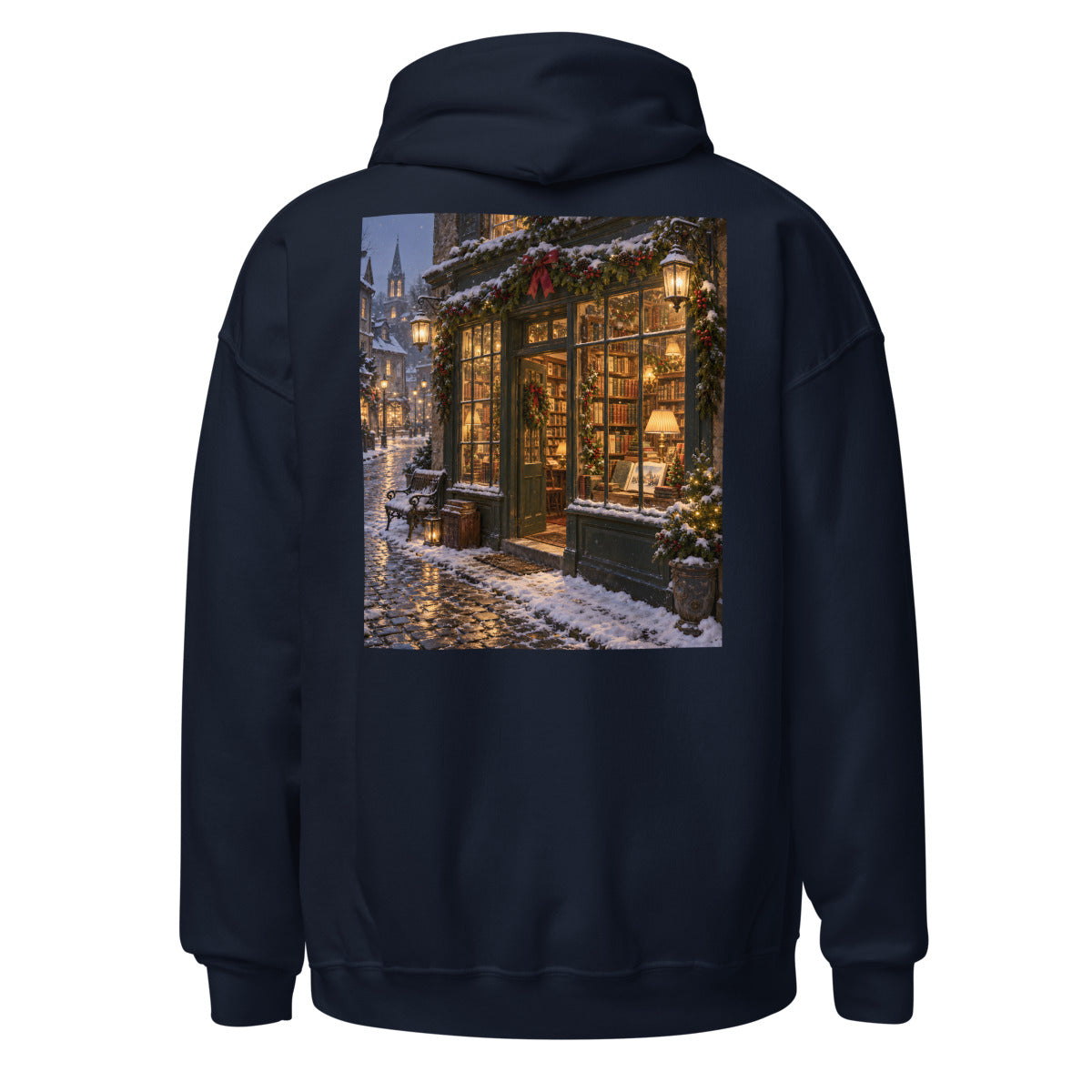 Weihnachtlicher Buchladen im Schnee – Hoodie – großer Rückendruck
