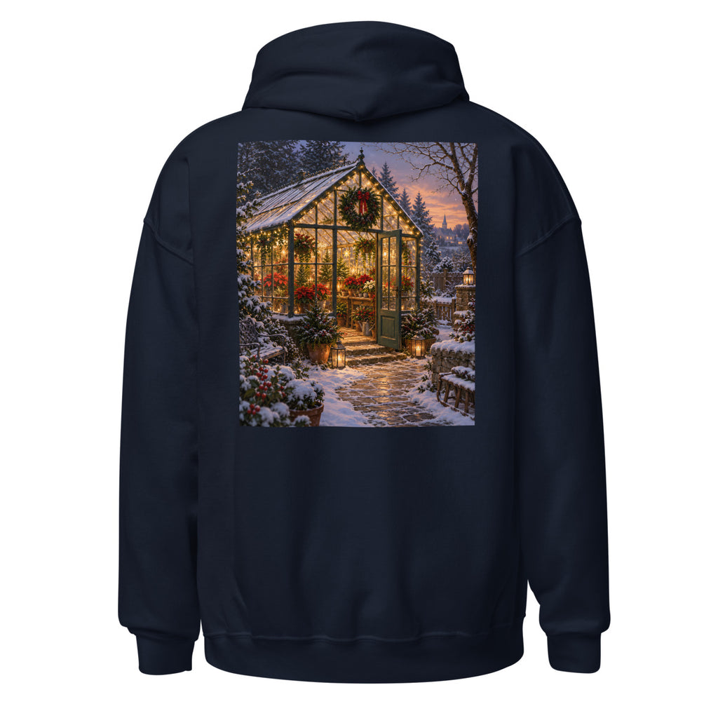 Festliches Gewächshaus im Schnee – Hoodie – großer Rückendruck