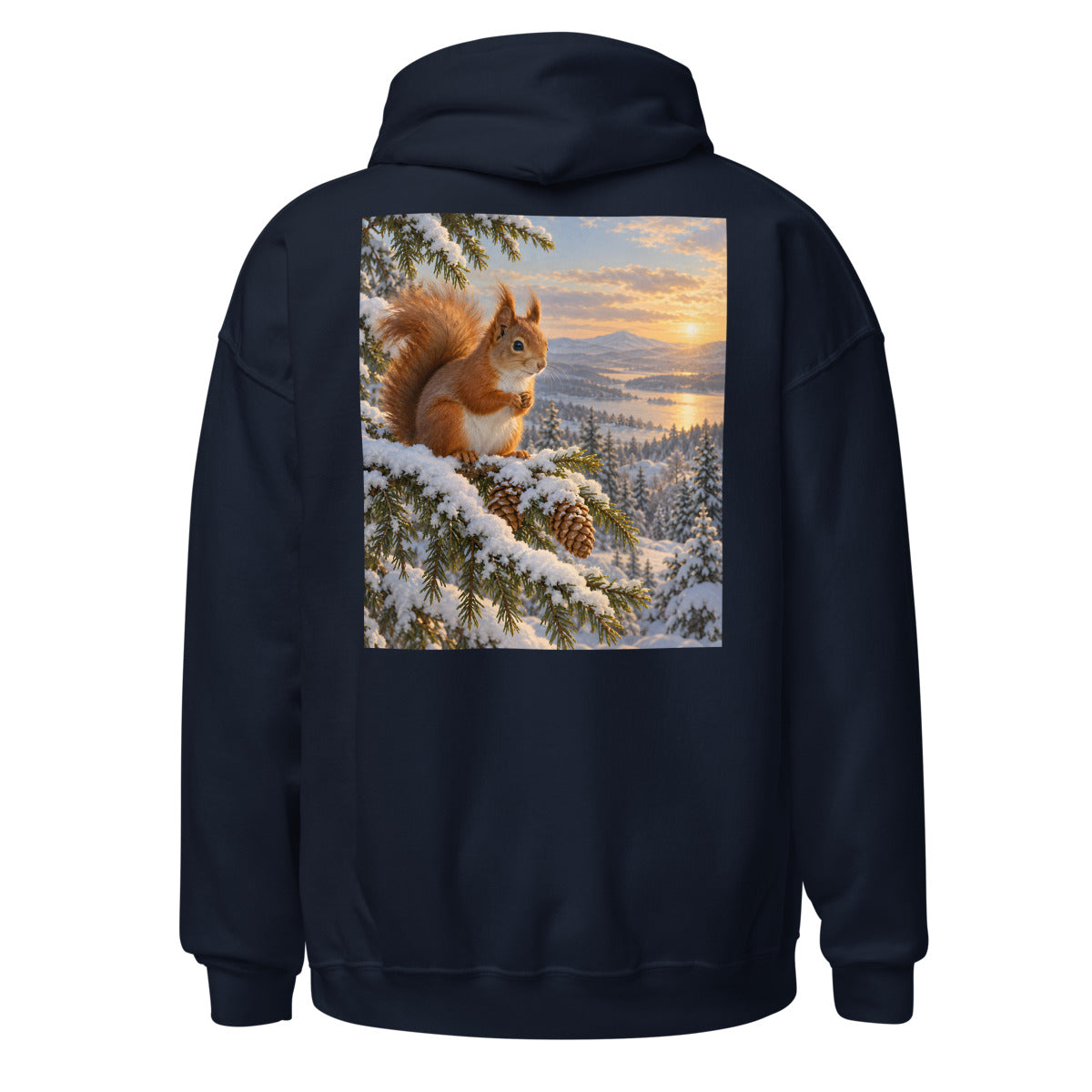 Eichhörnchen im Winterwald – Hoodie – großer Rückendruck