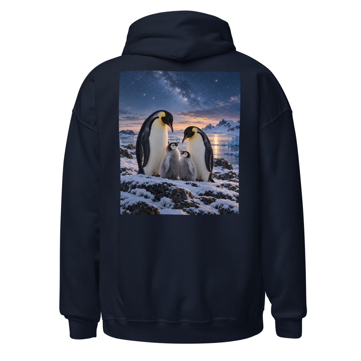 Pinguinfamilie unter Wintersternen – Hoodie – großer Rückendruck