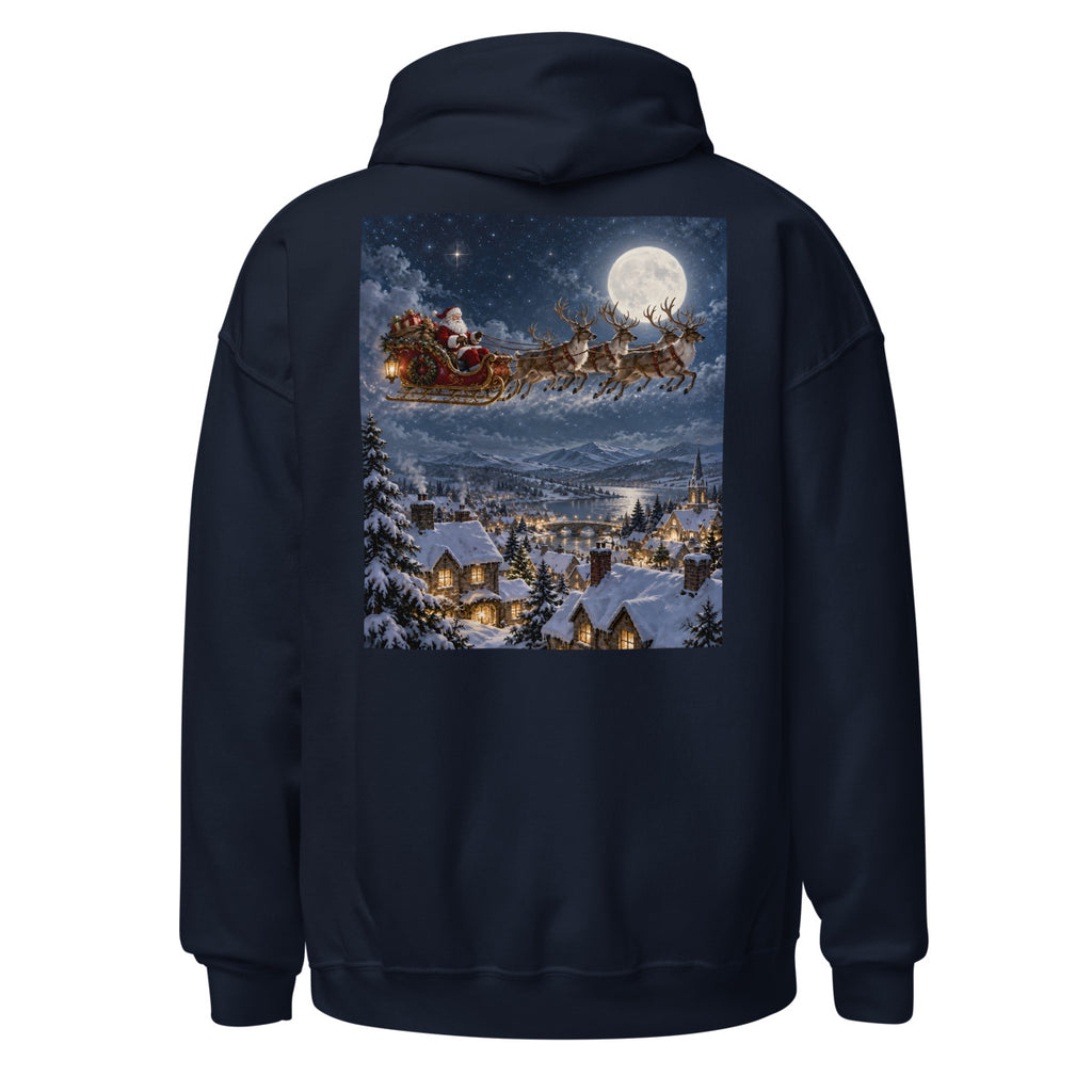 Weihnachtsschlitten über verschneiten Dächern – Hoodie – großer Rückendruck
