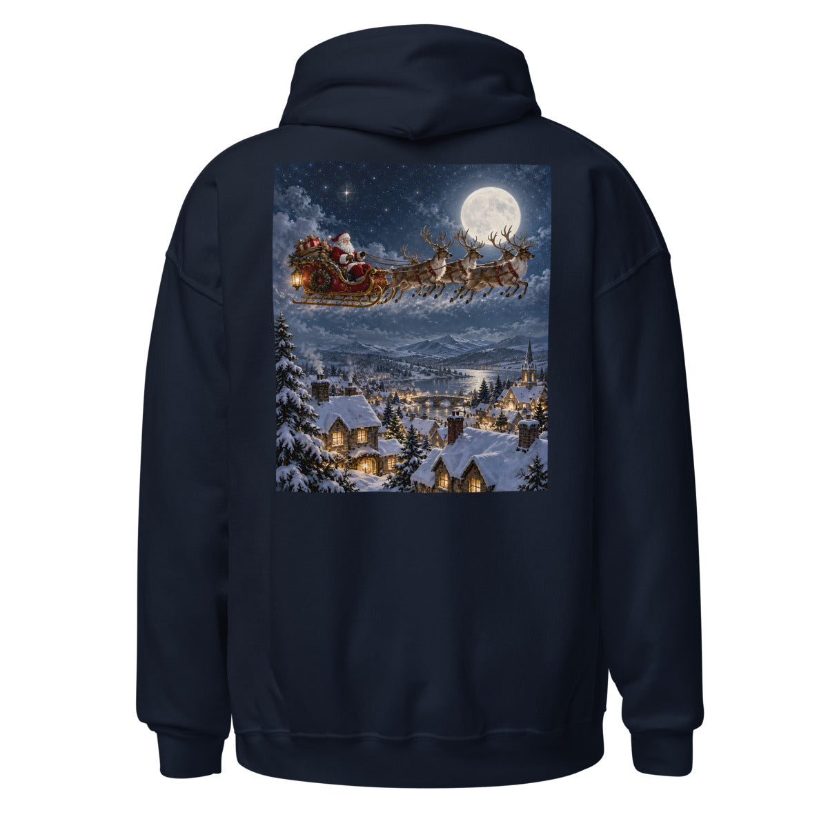 Weihnachtsschlitten über verschneiten Dächern – Hoodie – großer Rückendruck