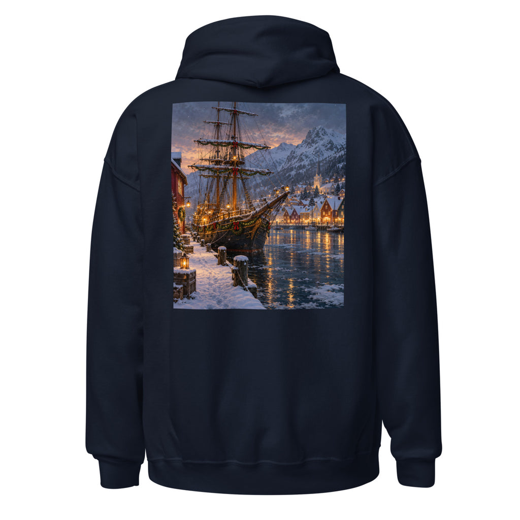 Segelschiff im nordischen Weihnachtshafen – Hoodie – großer Rückendruck