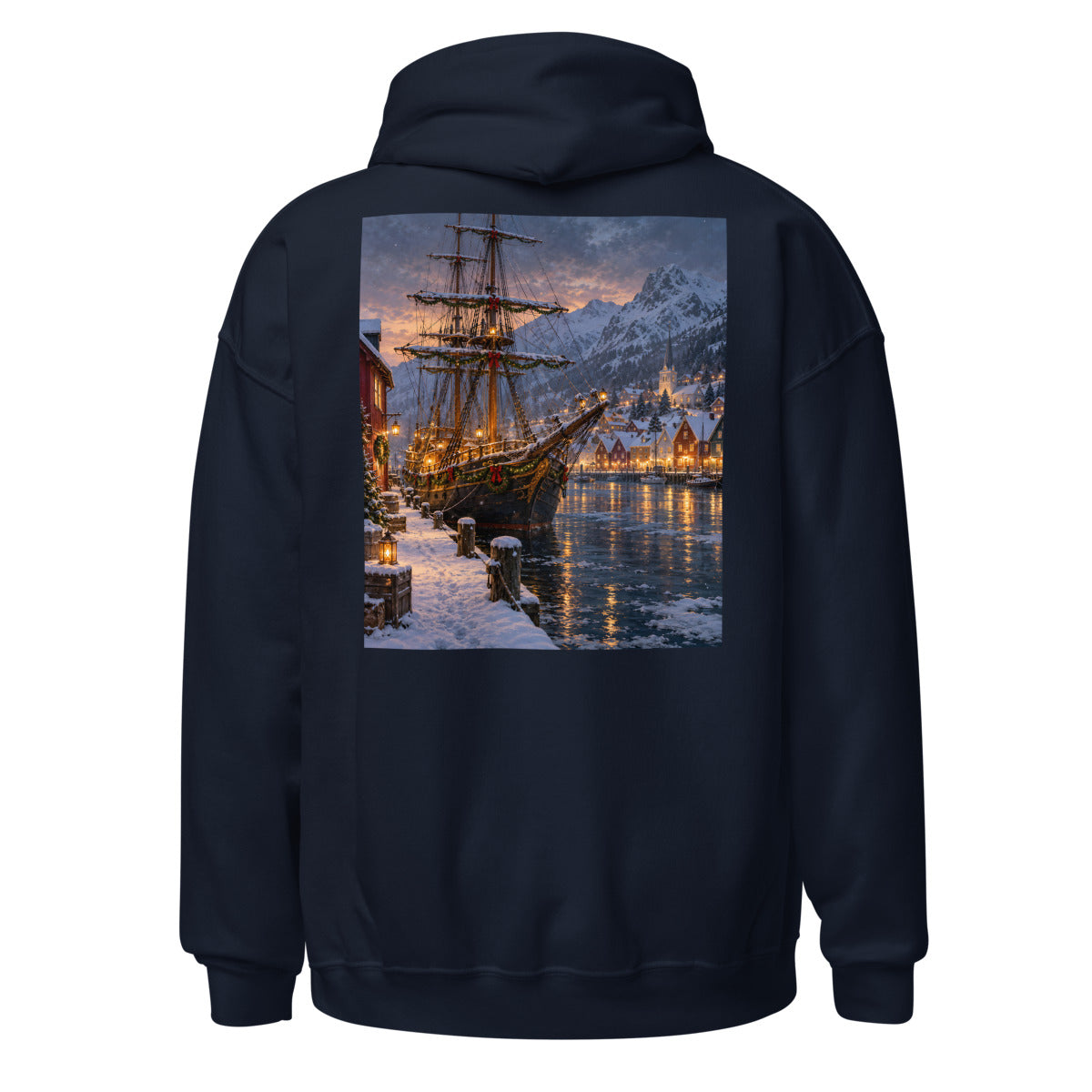 Segelschiff im nordischen Weihnachtshafen – Hoodie – großer Rückendruck