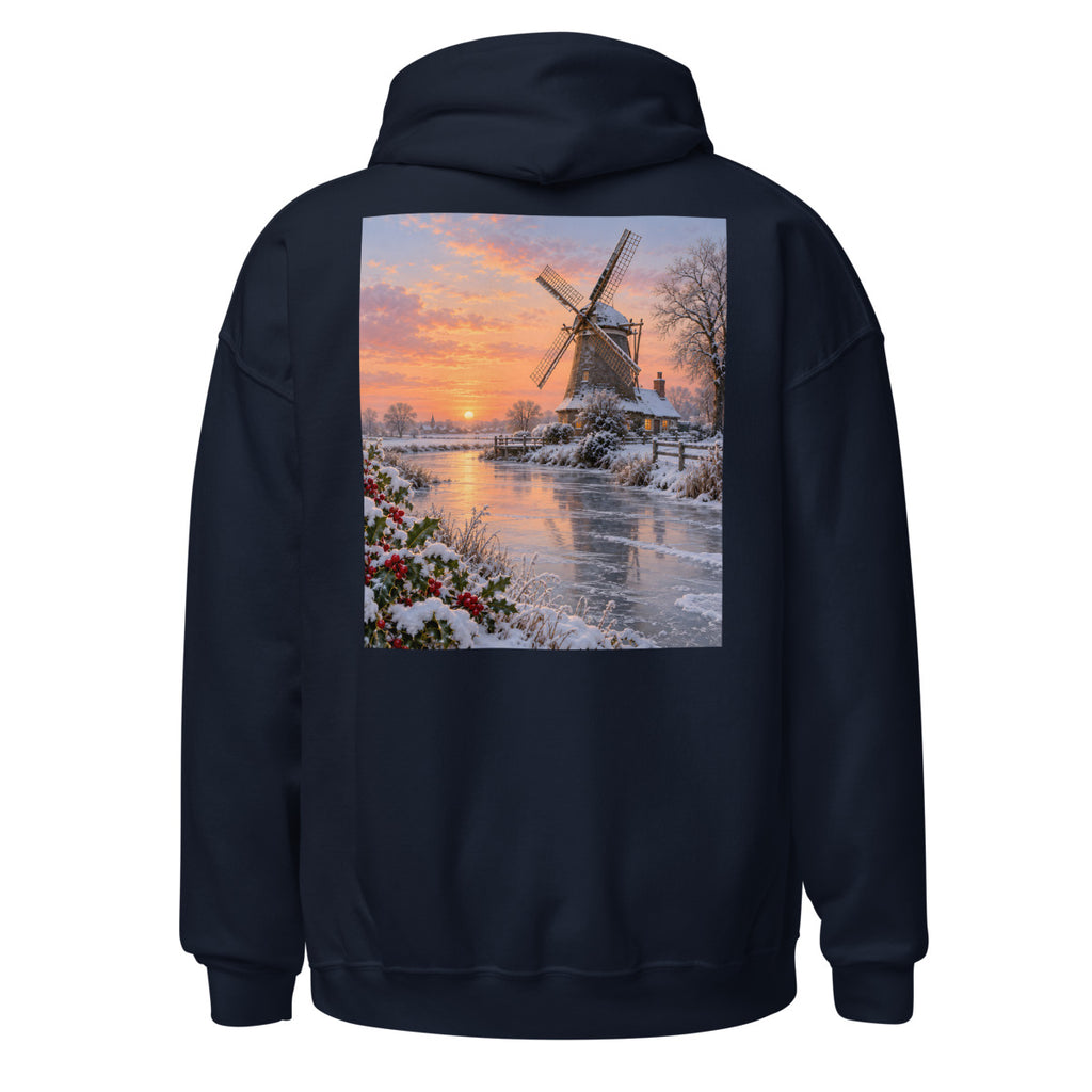 Verschneite Windmühle im Morgenlicht – Hoodie – großer Rückendruck