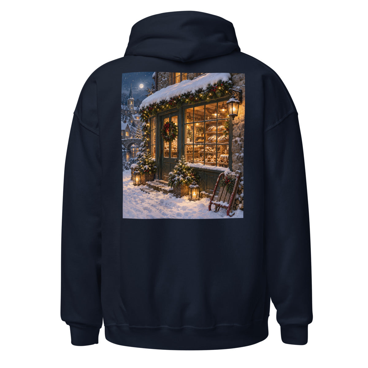 Weihnachtsbäckerei bei Nacht – Hoodie – großer Rückendruck