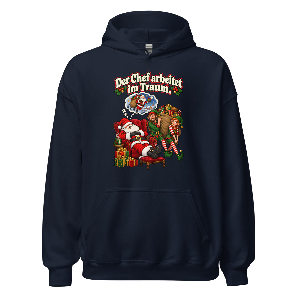 Der Chef arbeitet im Traum. – Hoodie – großer Frontdruck