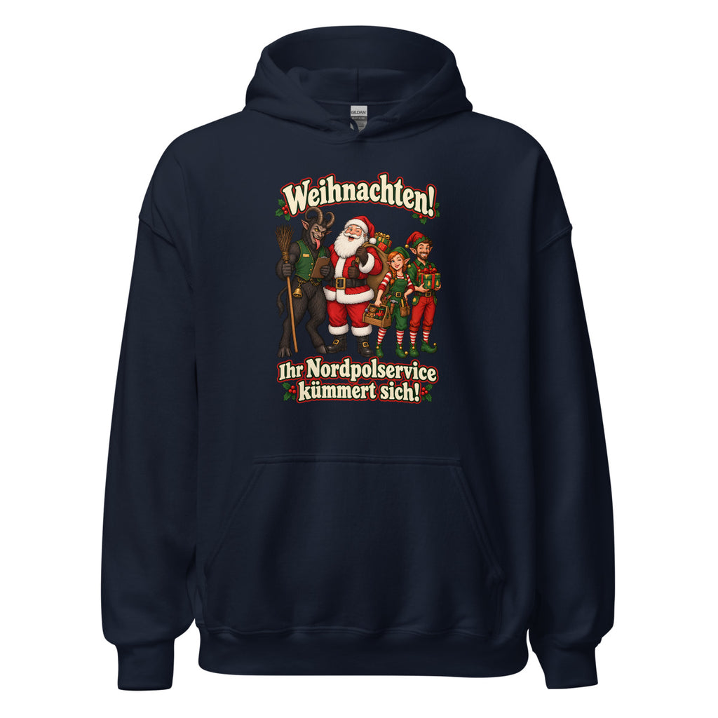 Weihnachten! Ihr Nordpolservice kümmert sich! – Hoodie – großer Frontdruck