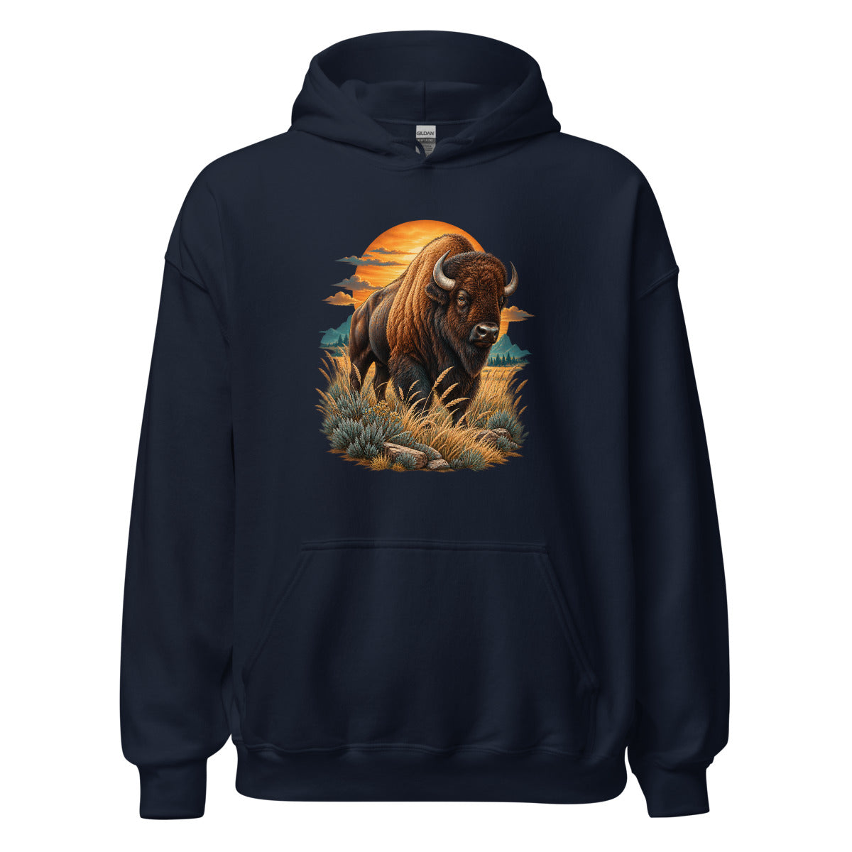 Bison im Sonnenuntergang – Hoodie – großer Frontdruck