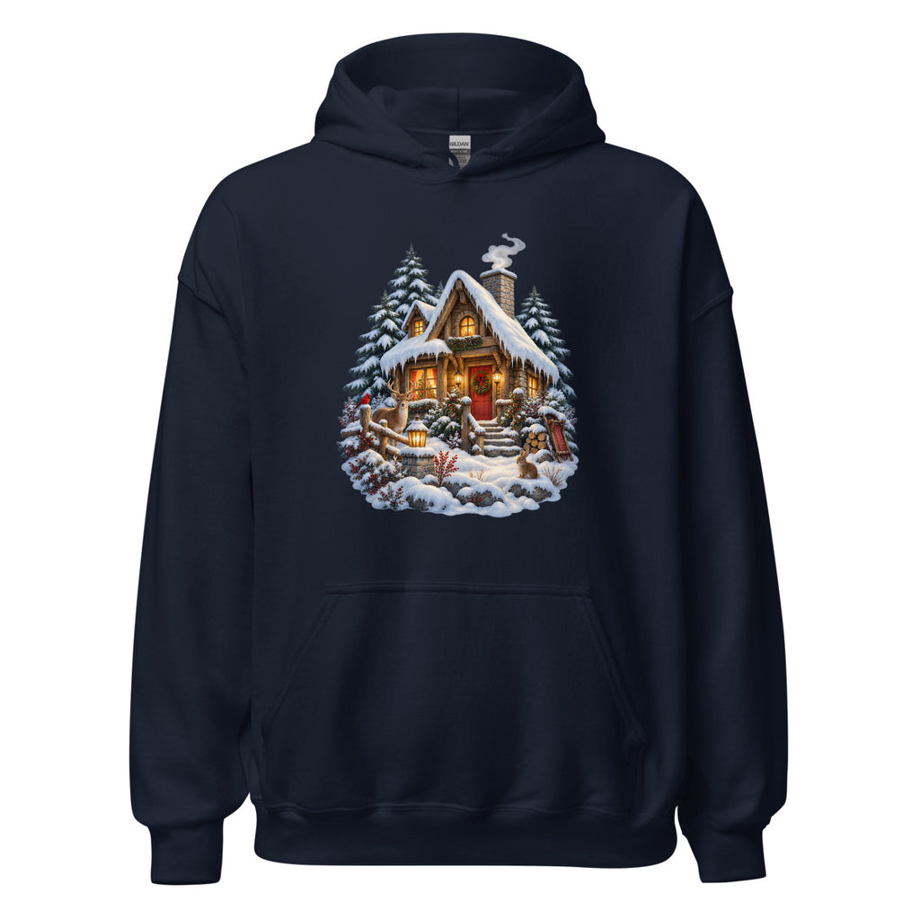 Hütte im Schneetraum – Hoodie – großer Frontdruck