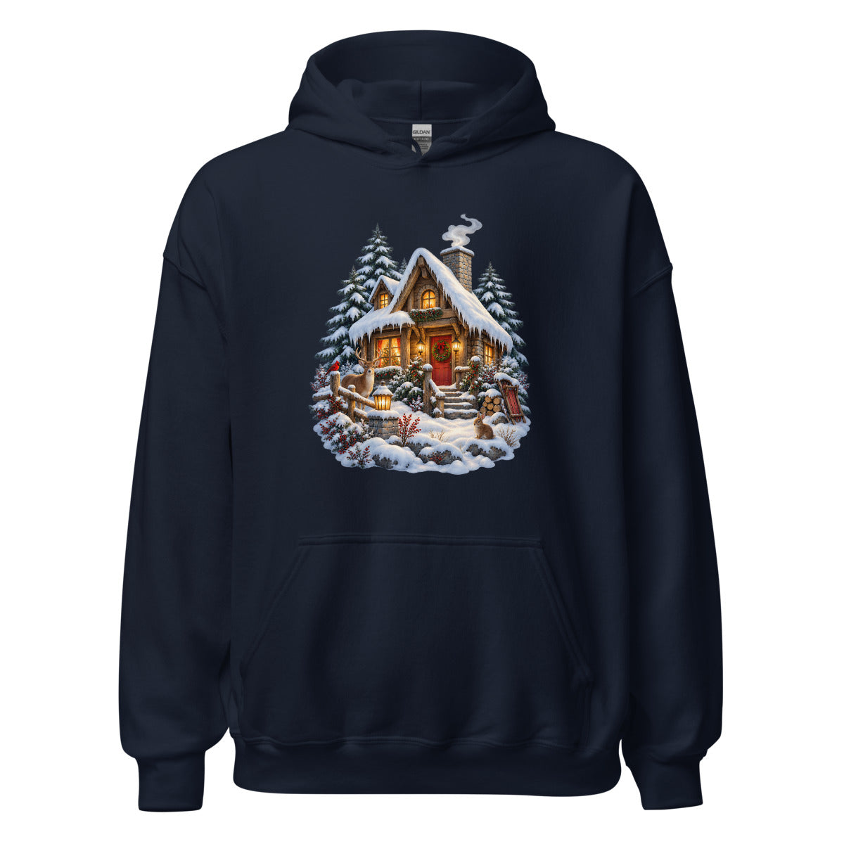 Hütte im Schneetraum – Hoodie – großer Frontdruck