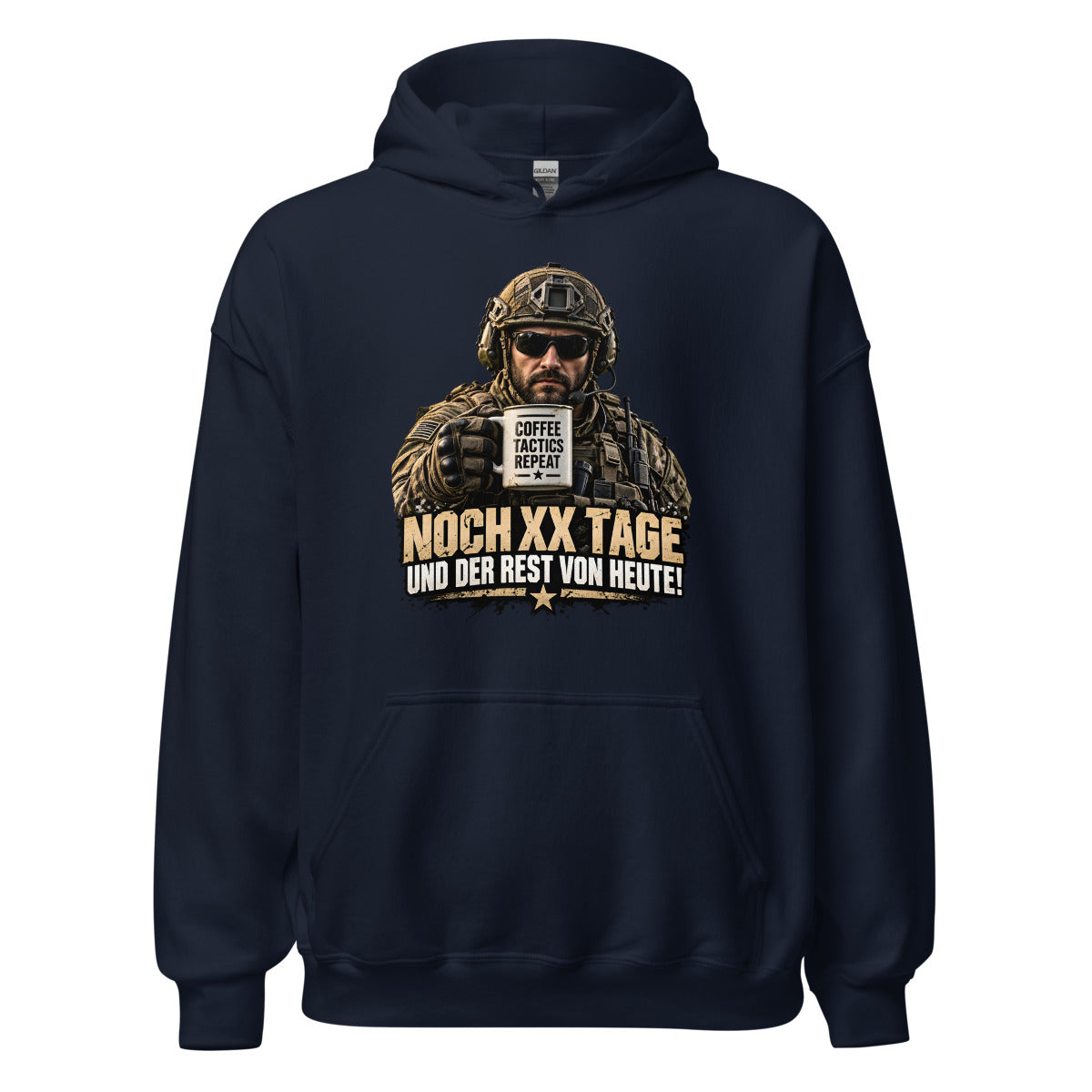 Soldat mit Kaffeetasse und Spruch – Hoodie – großer Frontdruck