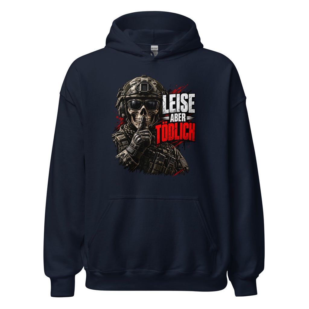 Soldat mit Totenschädel und Shushing-Geste – Hoodie – großer Frontdruck