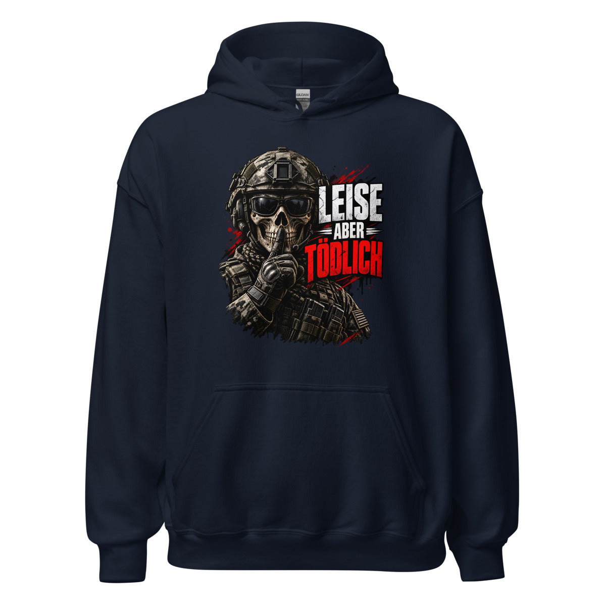 Soldat mit Totenschädel und Shushing-Geste – Hoodie – großer Frontdruck