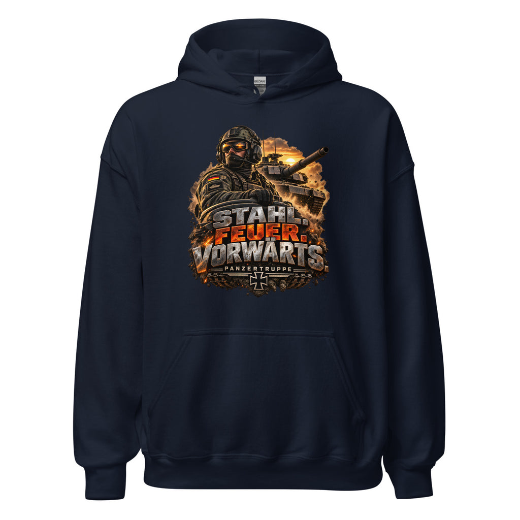 Stahl. Feuer. Vorwärts. Panzertruppe – Hoodie – großer Frontdruck
