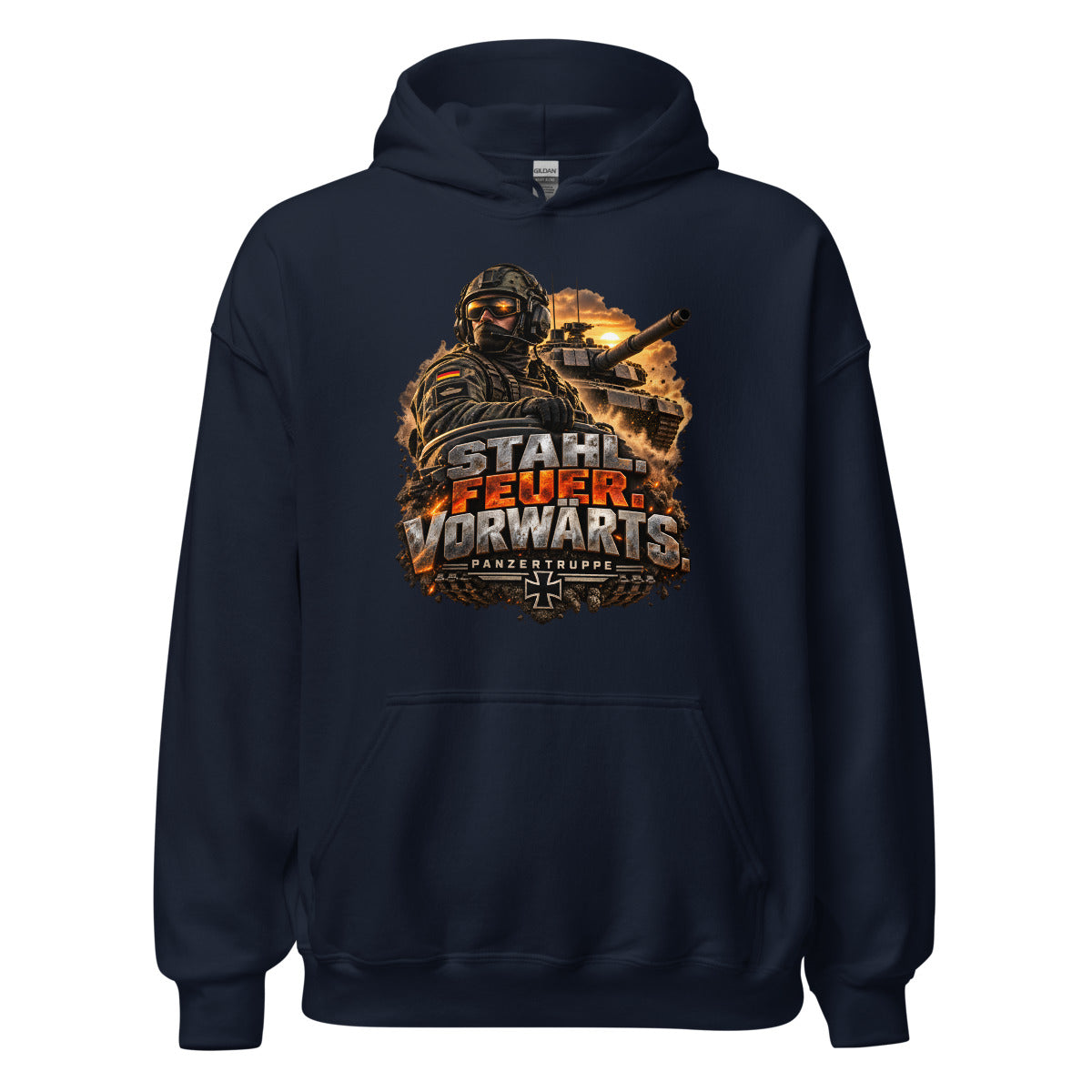 Stahl. Feuer. Vorwärts. Panzertruppe – Hoodie – großer Frontdruck
