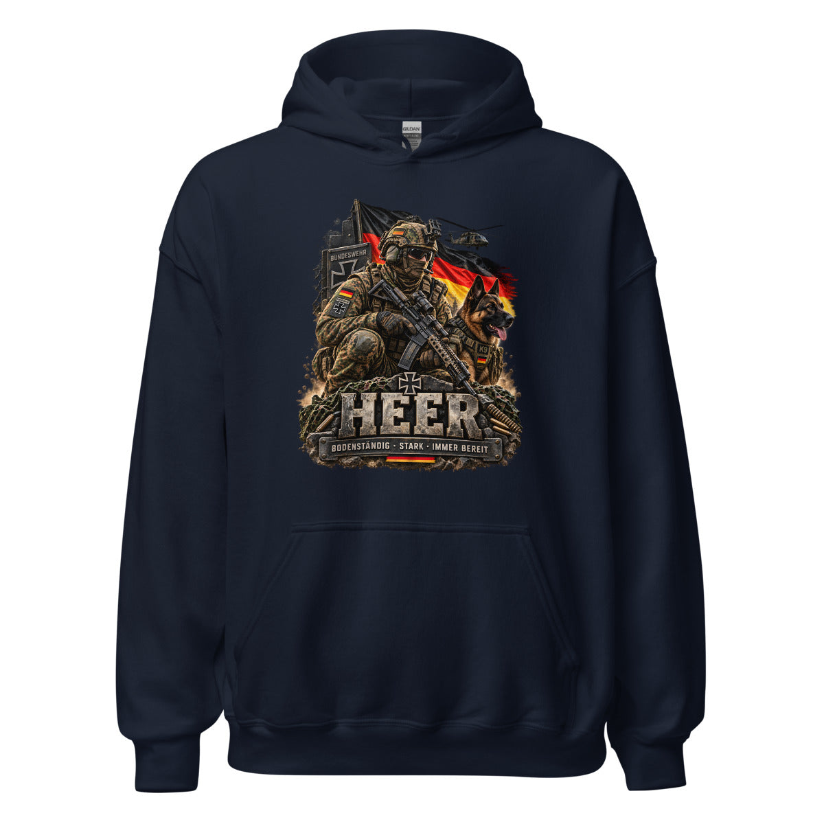 Bundeswehr Soldat mit Diensthund und Flagge – Hoodie – großer Frontdruck