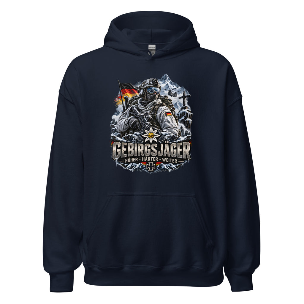 Gebirgsjäger Soldat im Schnee – Hoodie – großer Frontdruck