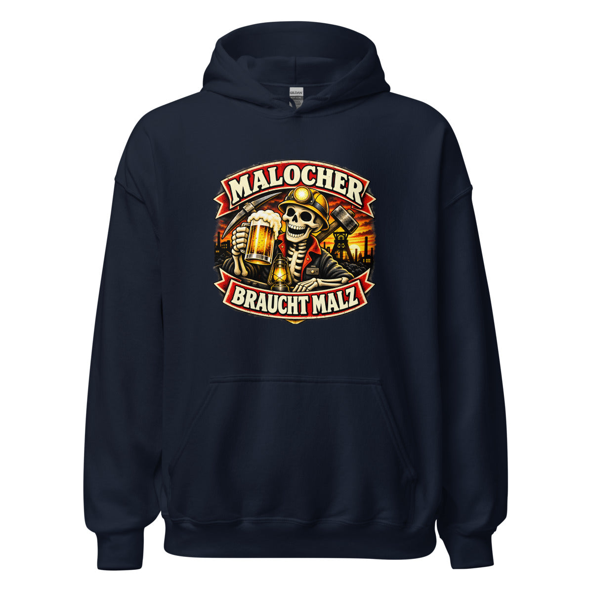 Malocher mit Bier und Grubenlampe – Hoodie – großer Frontdruck