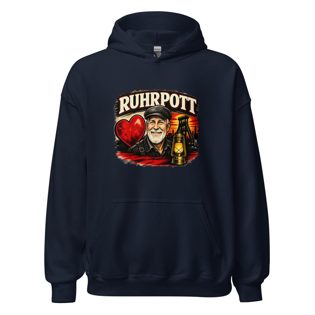 Ruhrpott Bergmann mit Herz und Grubenlampe – Hoodie – großer Frontdruck