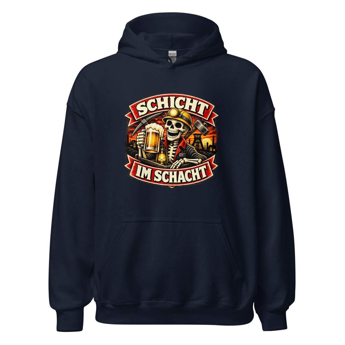 Schicht im Schacht Skelett Bergbau Bier – Hoodie – großer Frontdruck
