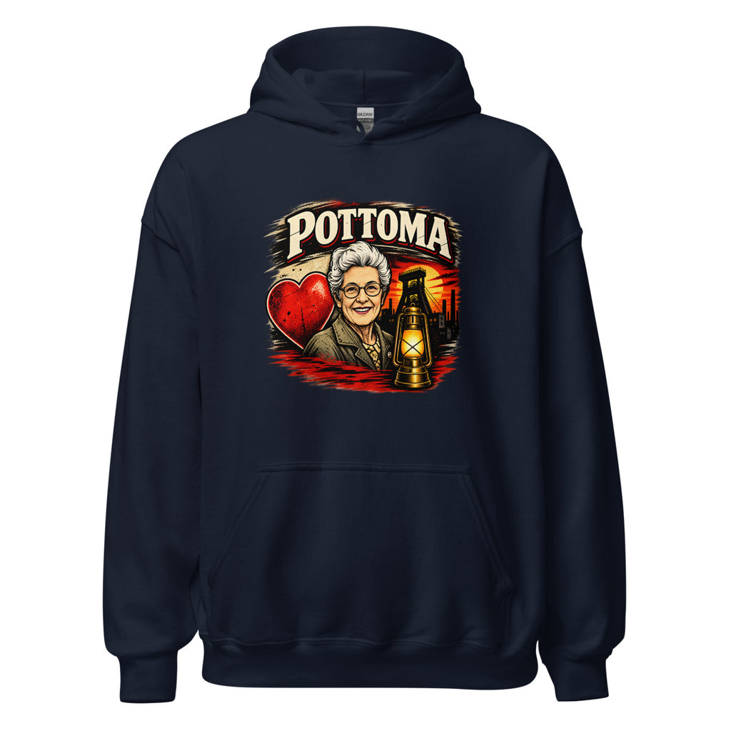 POTOMA mit älterer Frau, Bergbau und Laterne – Hoodie – großer Frontdruck