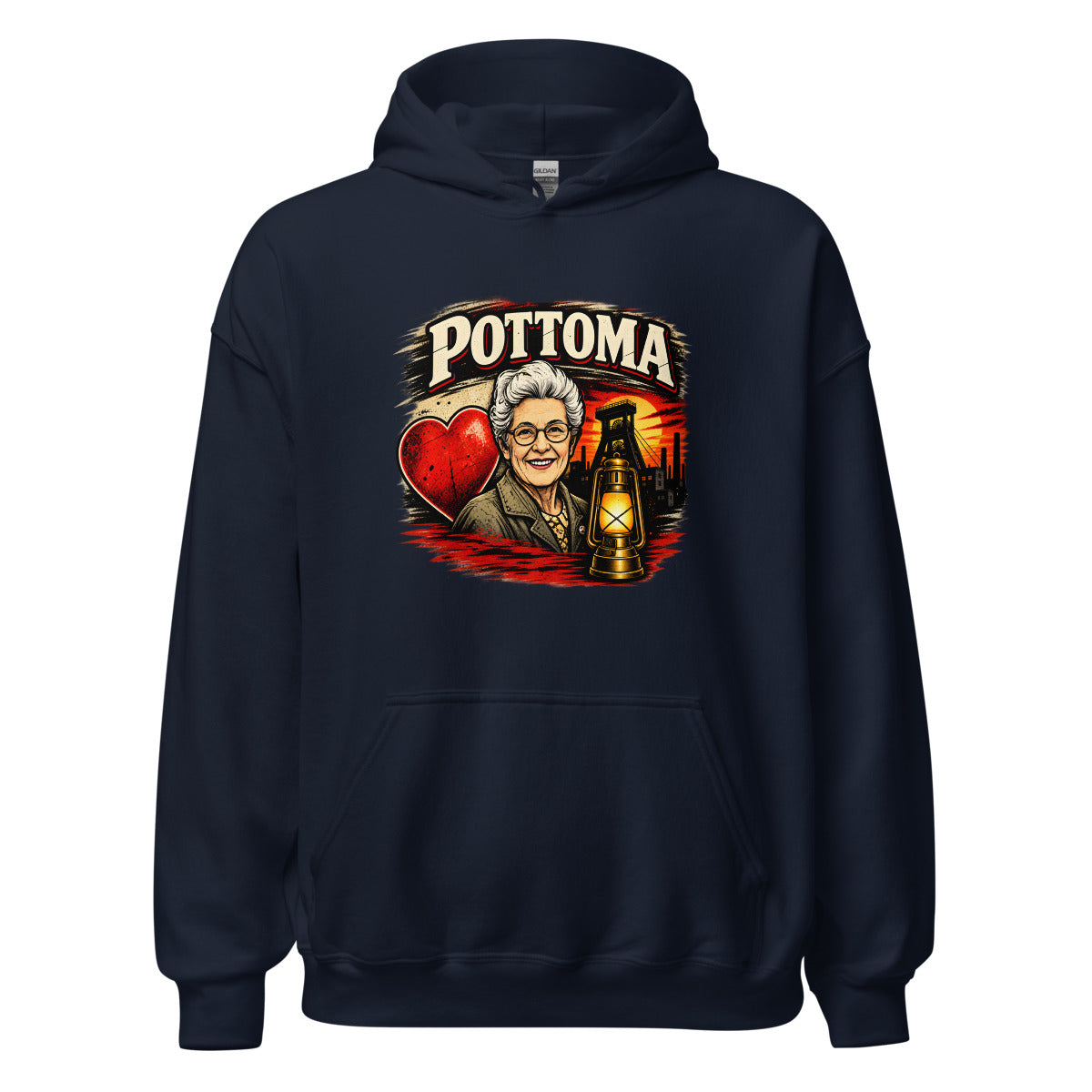 POTOMA mit älterer Frau, Bergbau und Laterne – Hoodie – großer Frontdruck