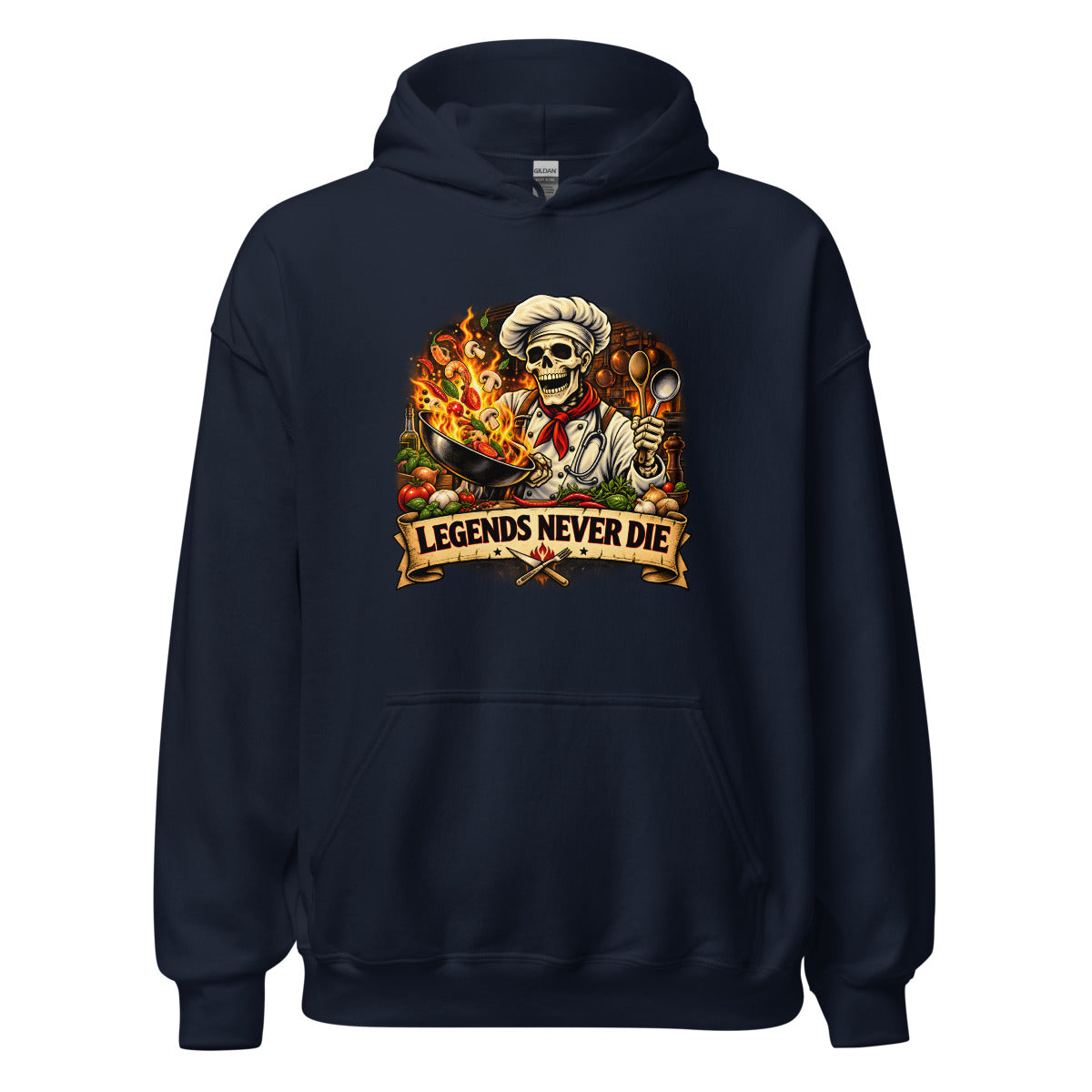 Skelett-Koch mit brennender Pfanne und Schriftzug – Hoodie – großer Frontdruck