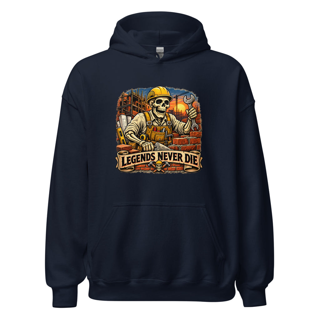 Skelett-Bauarbeiter mit Schriftzug "Legends Never Die" – Hoodie – großer Frontdruck