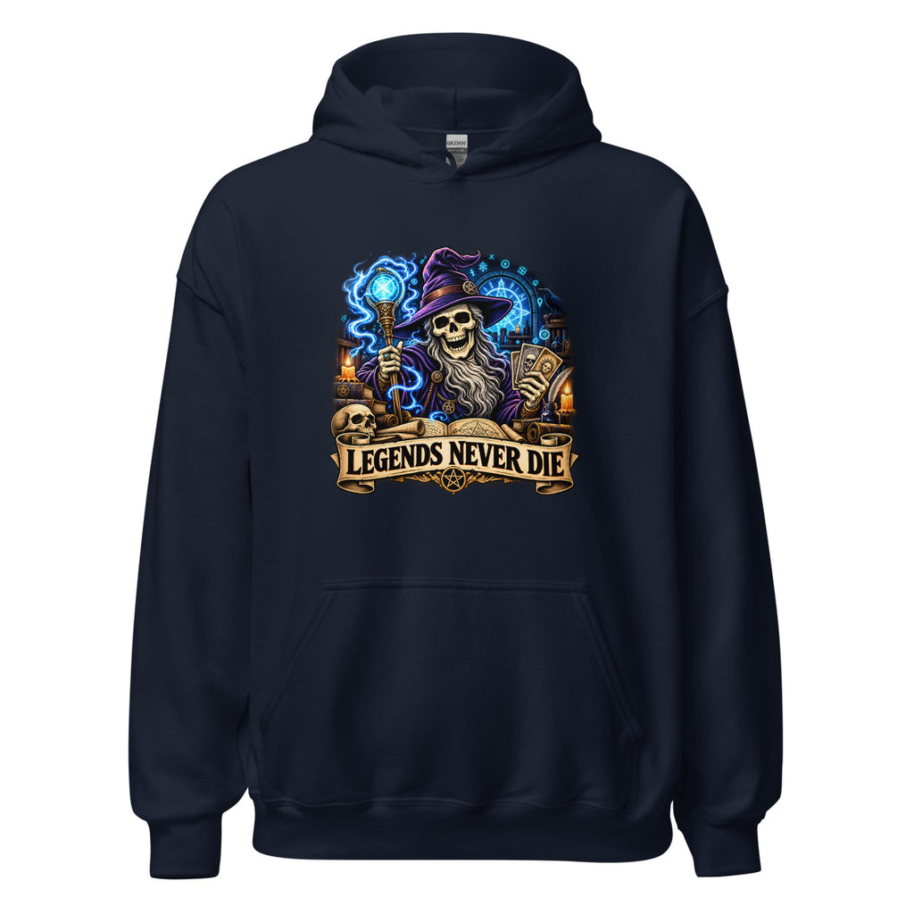 Skelett-Zauberer mit Schriftzug "Legends Never Die" – Hoodie – großer Frontdruck
