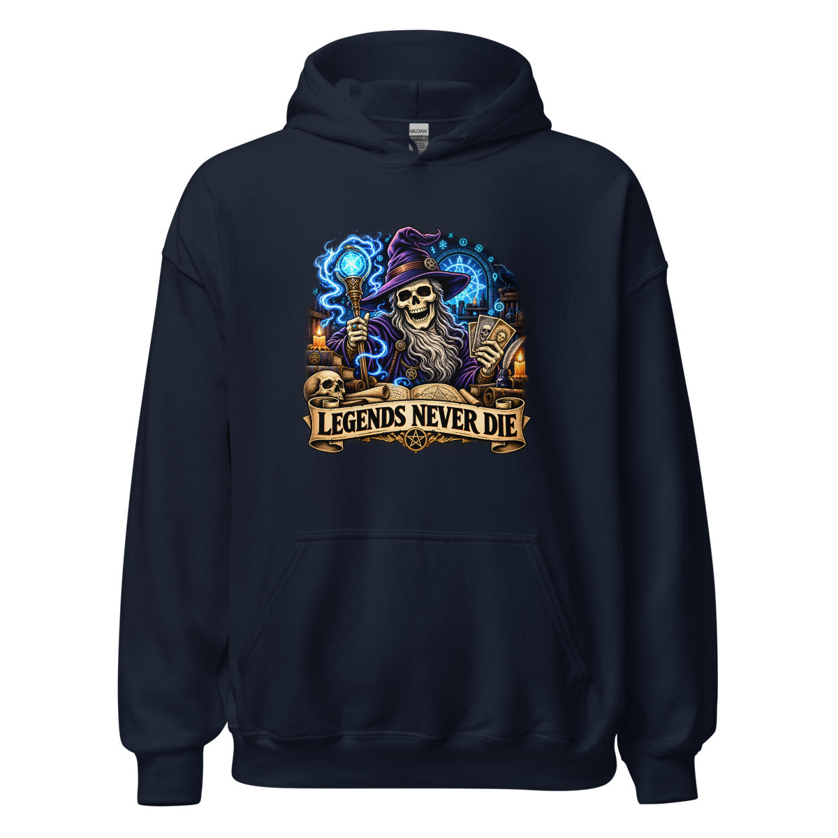 Skelett-Zauberer mit Schriftzug "Legends Never Die" – Hoodie – großer Frontdruck