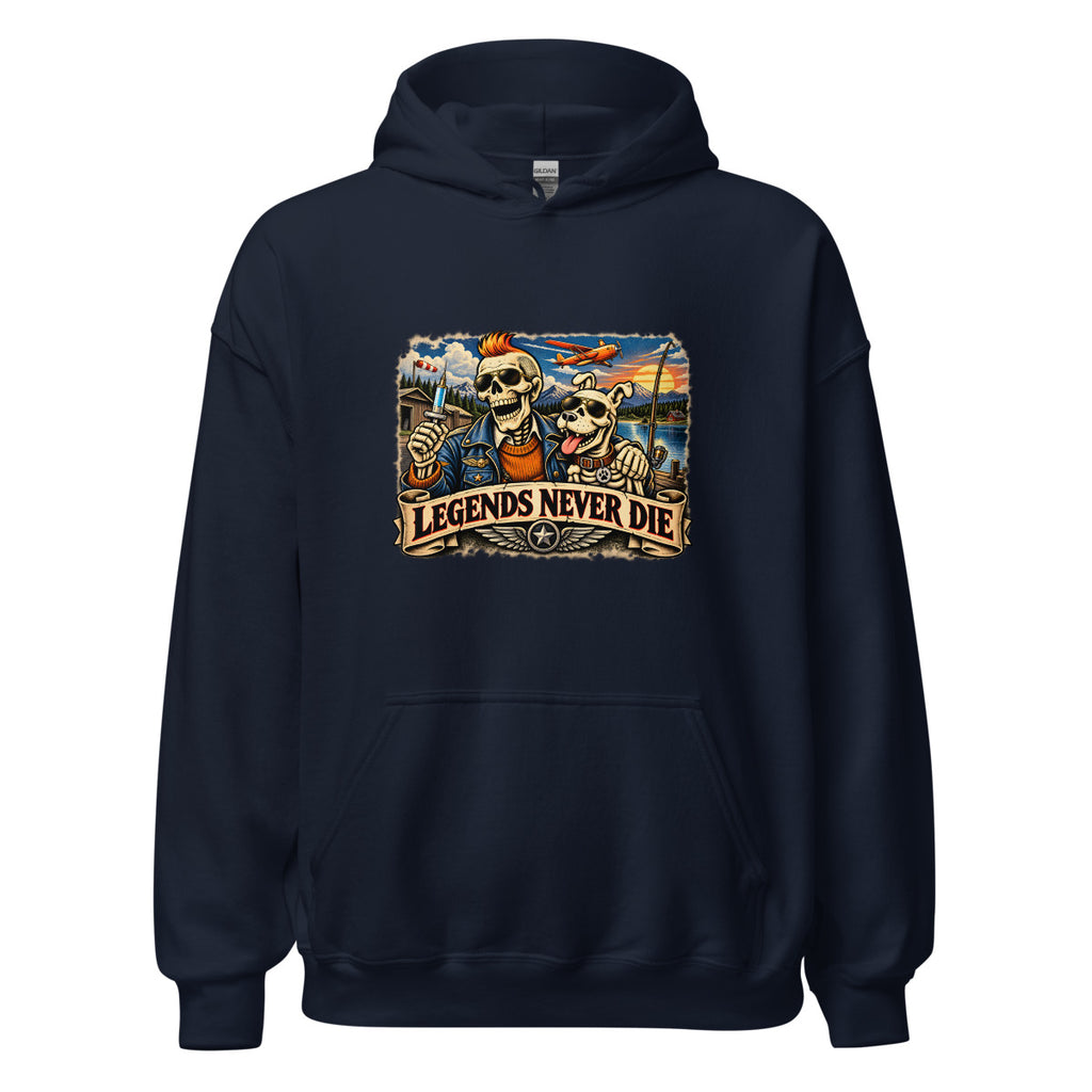 Legends Never Die mit Skelett und Hund – Hoodie – großer Frontdruck
