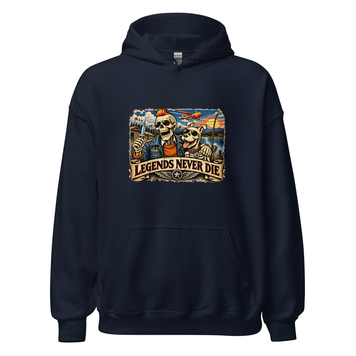 Legends Never Die mit Skelett und Hund – Hoodie – großer Frontdruck
