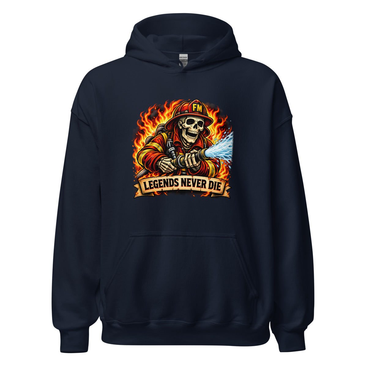 Feuerwehr-Skelett mit Schriftzug "Legends Never Die" – Hoodie – großer Frontdruck